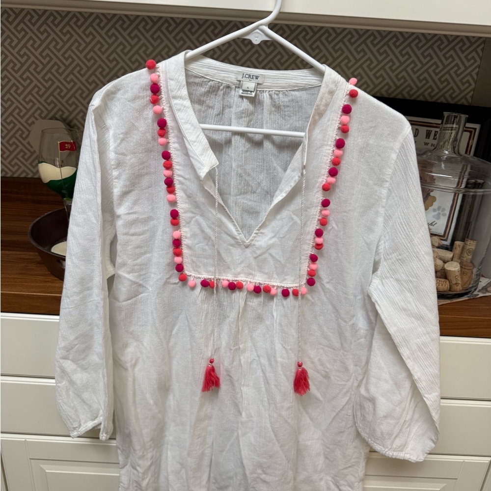 JCrew White and Pink Pom-Pom Trim Top/ swimsuit coverup